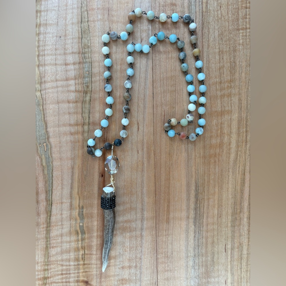 Long Atrisan Amazonite Beaded Necklace with Black Rhinestone Accented Pendant